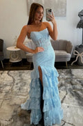 Sky Blue Lace and Tulle Mermaid Straight Across Zipper Back Floor Length Dress - Jimiss