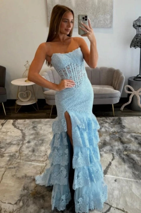 Sky Blue Lace and Tulle Mermaid Straight Across Zipper Back Floor Length Dress - Jimiss