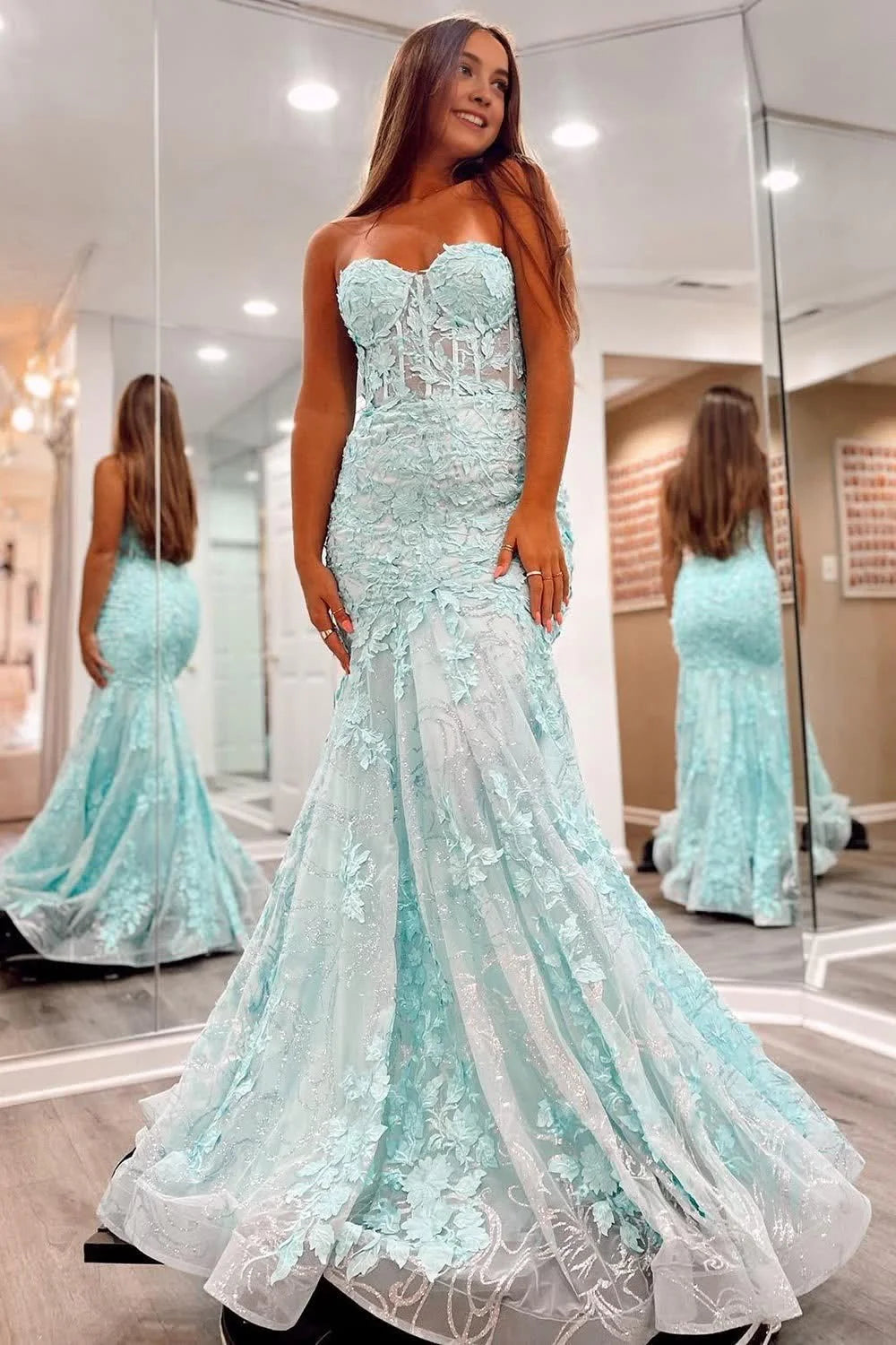 Sky Blue Lace & Tulle Mermaid Sweetheart Low Back Floor-Length Dress - Jimiss