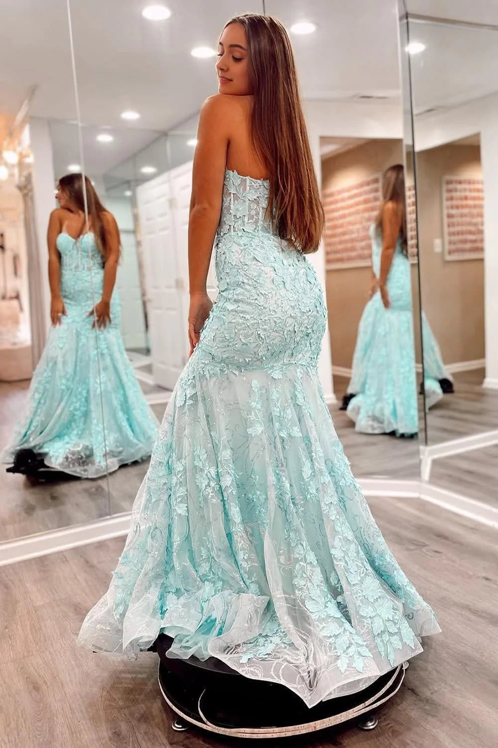Sky Blue Lace & Tulle Mermaid Sweetheart Low Back Floor-Length Dress - Jimiss