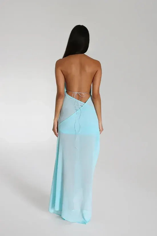 Sky Blue Mesh sheath-column halter open-back floor-length Dress Back View - Jimiss