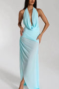 Sky Blue Mesh sheath-column halter open-back floor-length Dress Front View - Jimiss