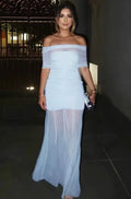 Sky Blue Mesh Sheath Column Off The Shoulder Zipper Back Floor Length Dress - Jimiss