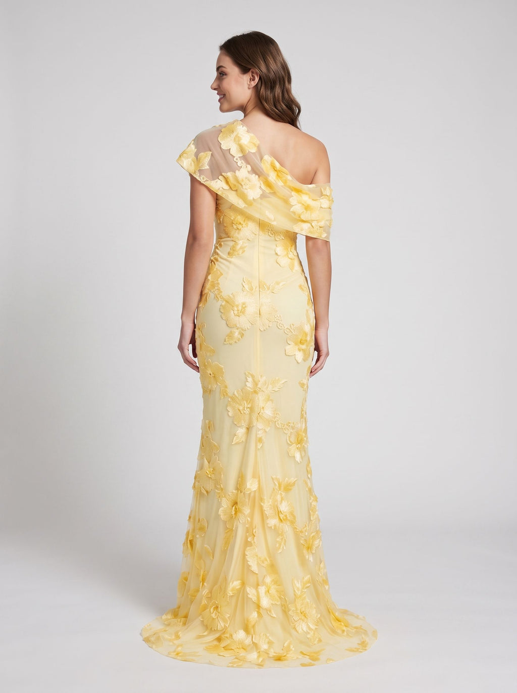 Sky Blue Mesh with 3D Floral Lace mermaid one-shoulder floor-length Dress Back View - Jimiss