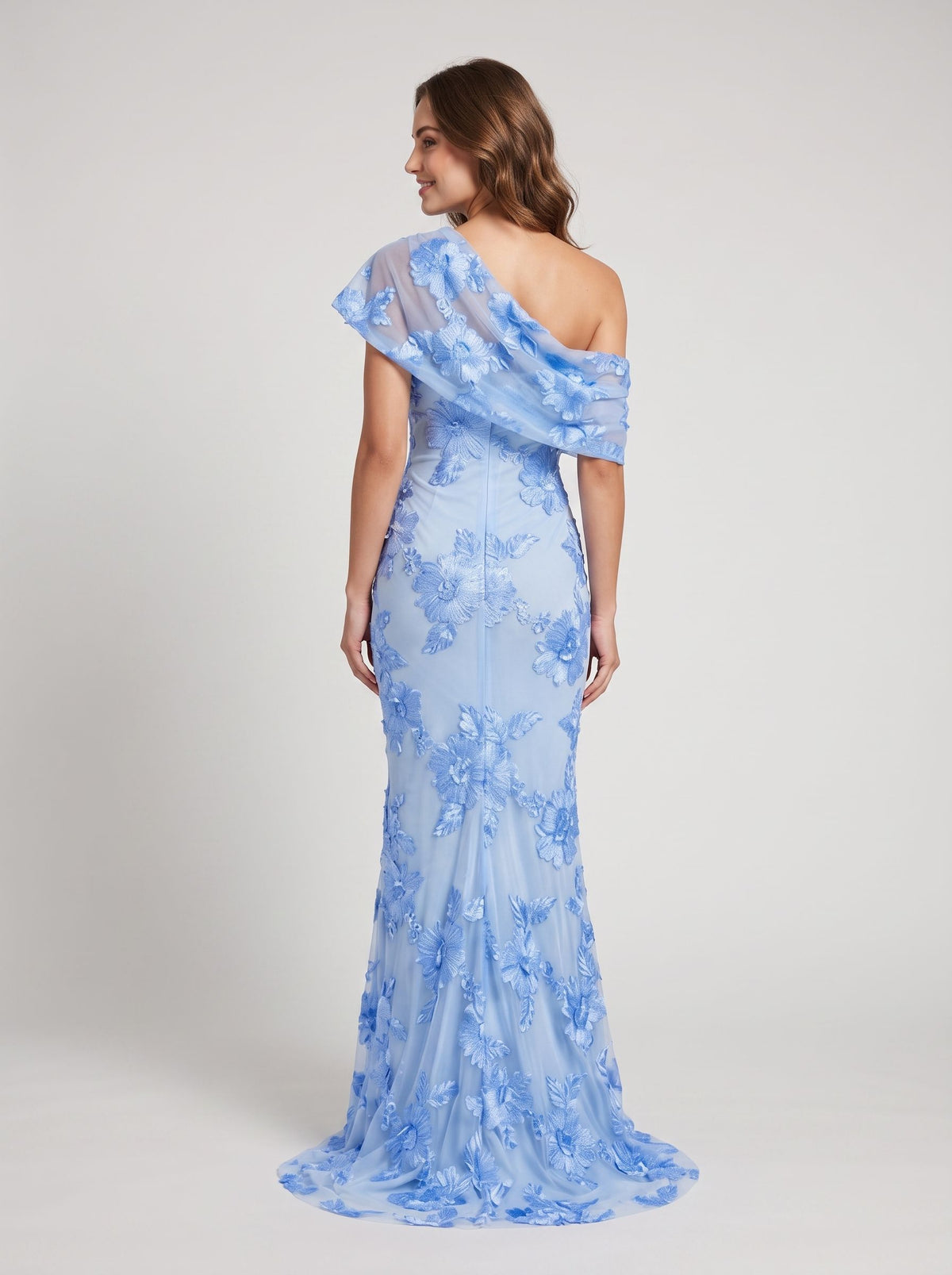 Sky Blue Mesh with 3D Floral Lace mermaid one-shoulder floor-length Dress Back View - Jimiss