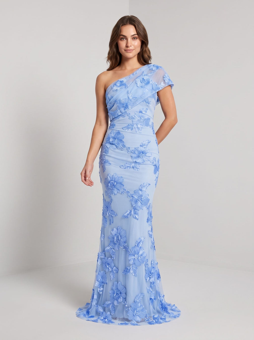 Sky Blue Mesh with 3D Floral Lace mermaid one-shoulder floor-length Dress Front View - Jimiss