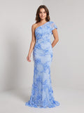 Sky Blue Mesh with 3D Floral Lace mermaid one-shoulder floor-length Dress Front View - Jimiss