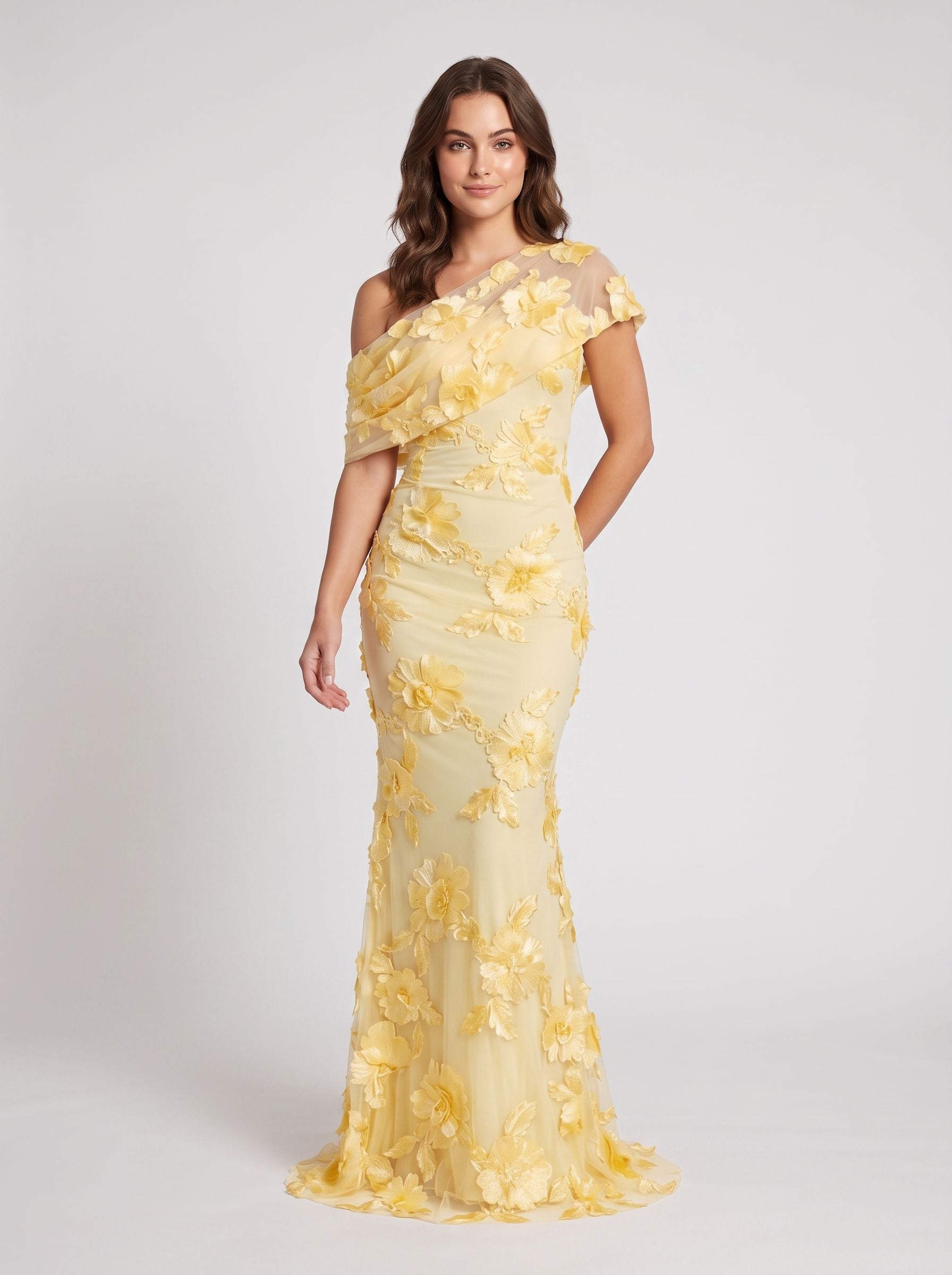 Sky Blue Mesh with 3D Floral Lace mermaid one-shoulder floor-length Dress Front View - Jimiss