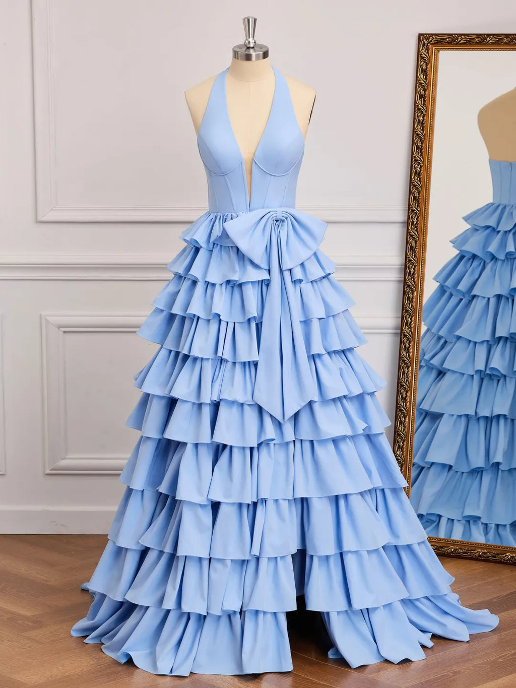 Sky Blue Satin A-Line Halter Low-Back Floor-Length Dress - Jimiss