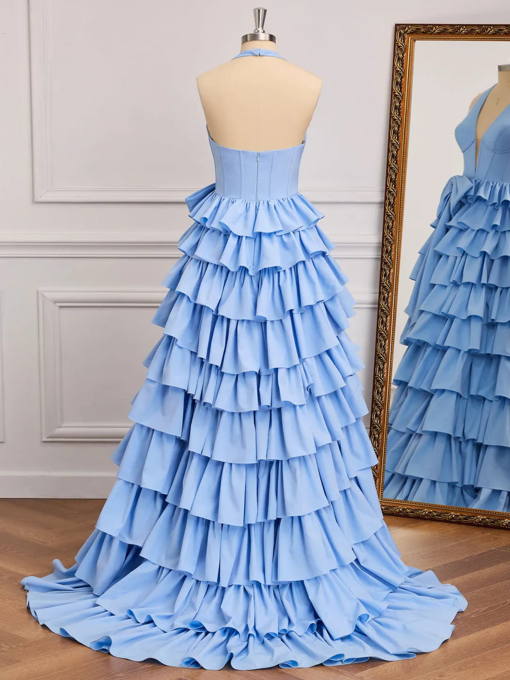 Sky Blue Satin A-Line Halter Low-Back Floor-Length Dress - Jimiss
