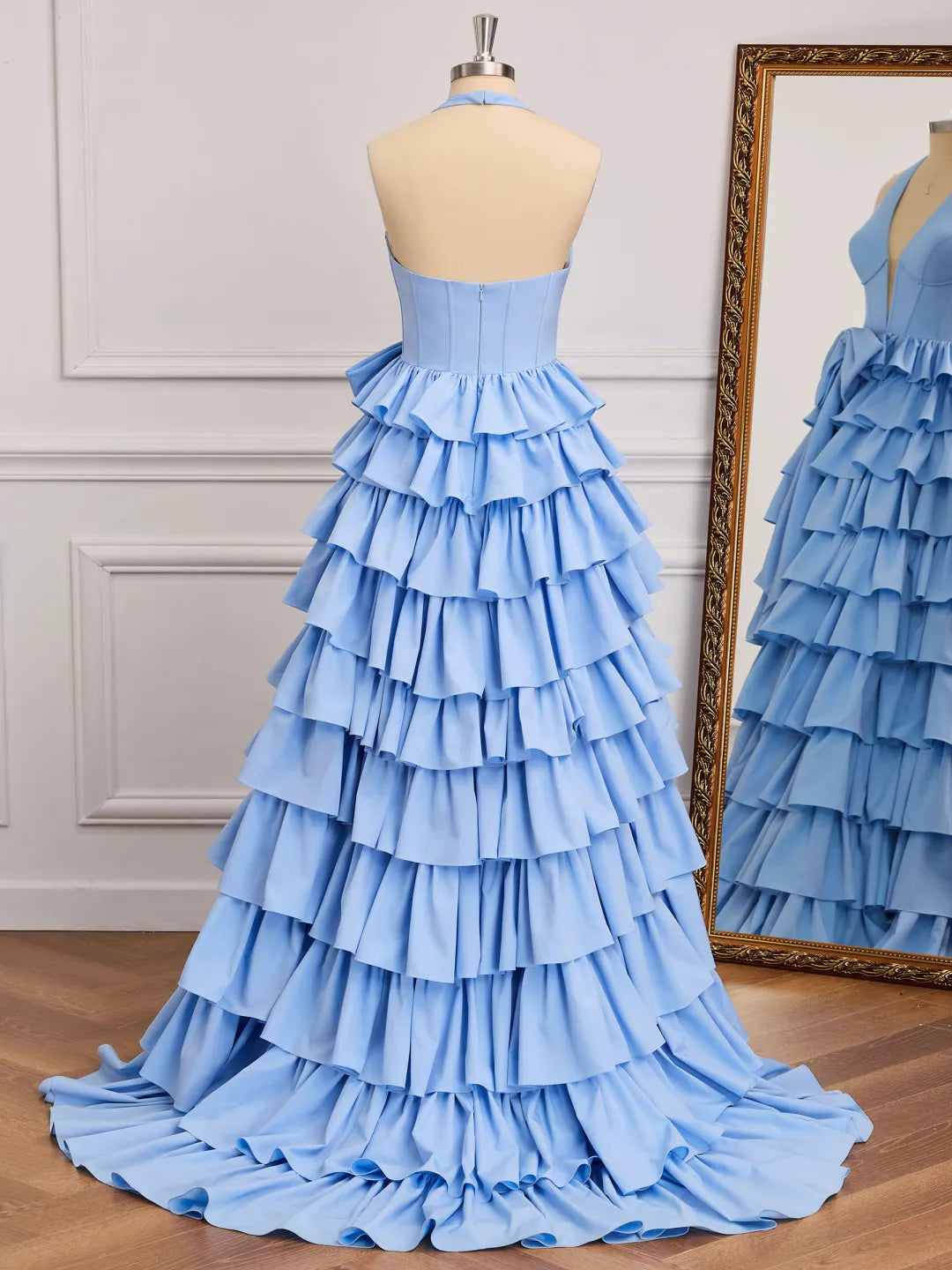 Sky Blue Satin A-Line Halter Low-Back Floor-Length Dress - Jimiss