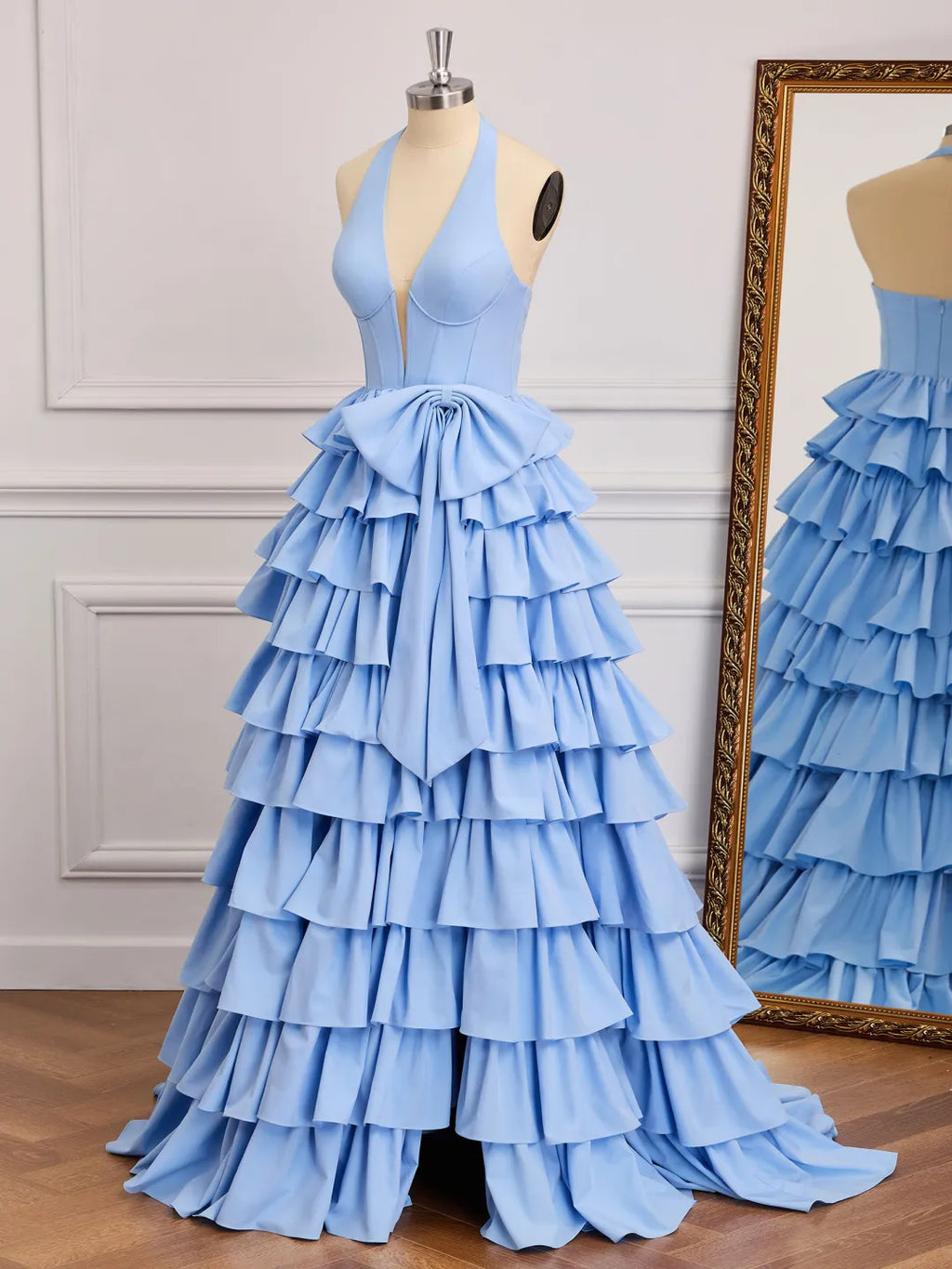 Sky Blue Satin A-Line Halter Low-Back Floor-Length Dress - Jimiss