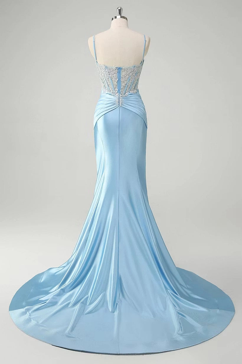 Sky Blue Satin and Lace Mermaid Sweetheart Zipper Back Floor Length Dress Back View - Jimiss