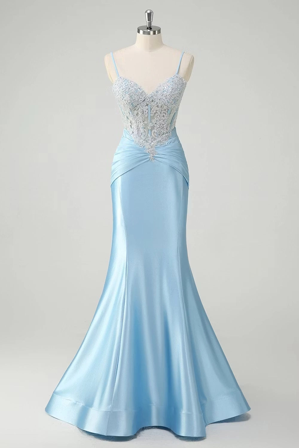 Sky Blue Satin and Lace Mermaid Sweetheart Zipper Back Floor Length Dress Front View - Jimiss