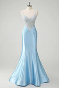 Sky Blue Satin and Lace Mermaid Sweetheart Zipper Back Floor Length Dress Front View - Jimiss