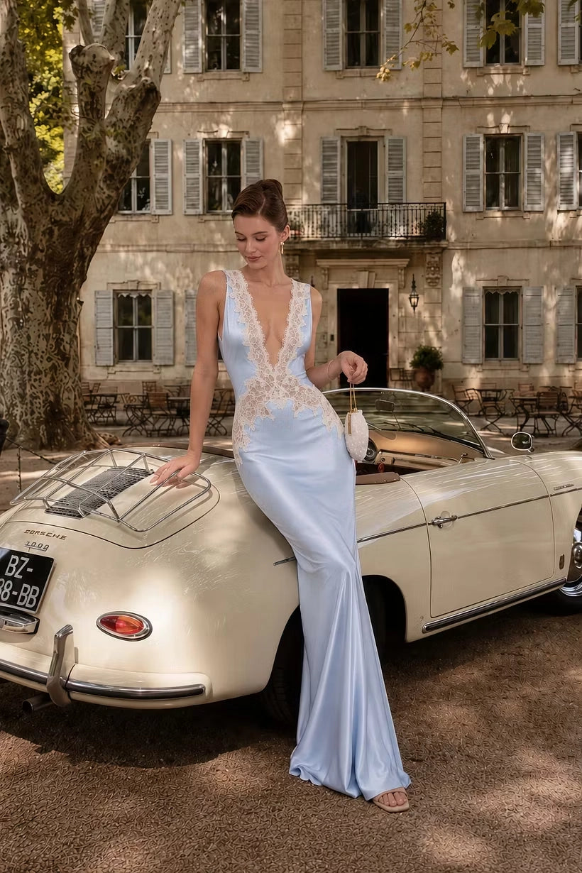 Sky Blue Satin and Lace Sheath Column Plunging V-Neck Floor-Length Dress Front View - Jimiss