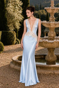 Sky Blue Satin and Lace Sheath Column Plunging V-Neck Floor-Length Dress Front View - Jimiss