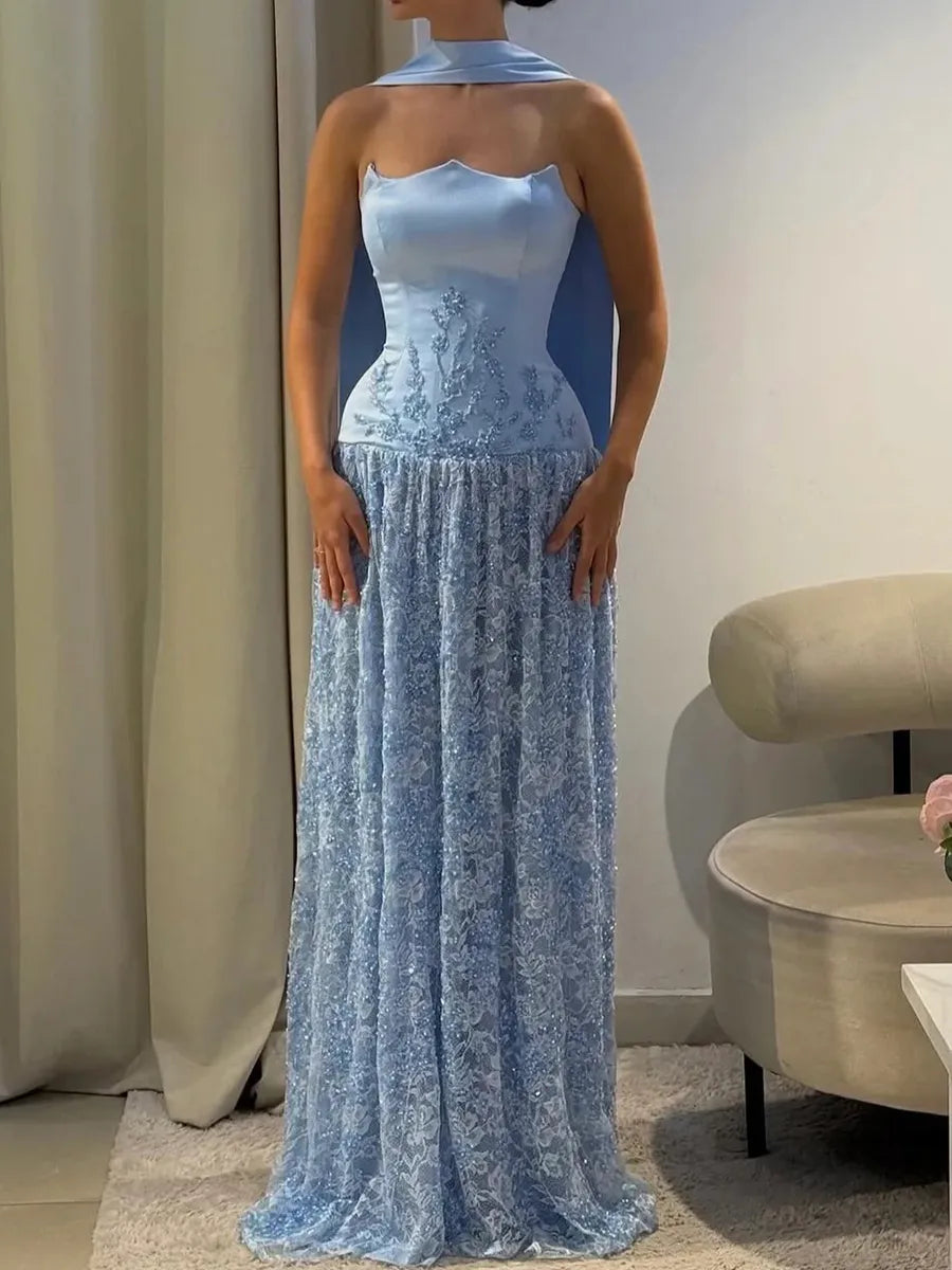 Sky Blue Satin Lace a-line straight-across lace-up-back floor-length Dress - Jimiss