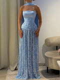 Sky Blue Satin Lace a-line straight-across lace-up-back floor-length Dress - Jimiss