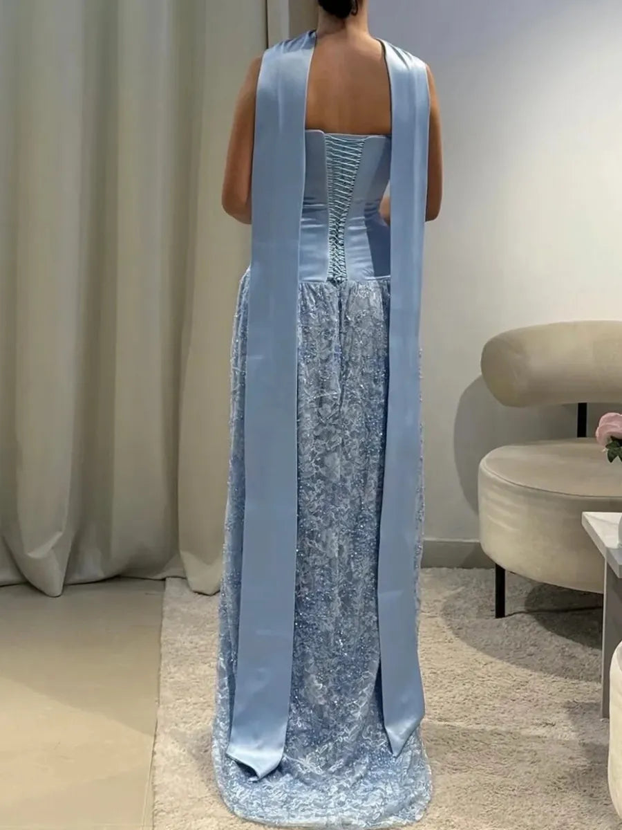 Sky Blue Satin Lace a-line straight-across lace-up-back floor-length Dress - Jimiss