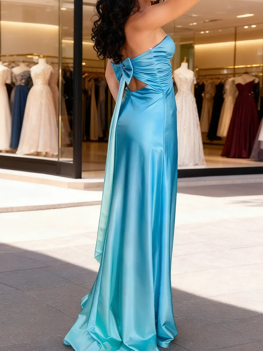 Sky Blue Satin sheath-column sweetheart open-back floor-length Dress - Jimiss