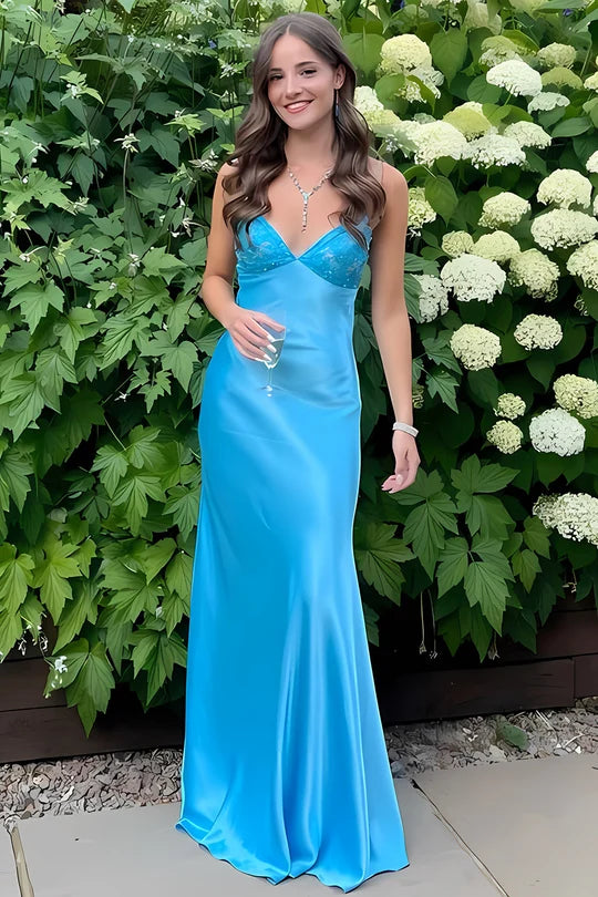 Sky Blue Satin Sheath-Column V-Neck Open-Back Floor-Length Dress Front View - Jimiss