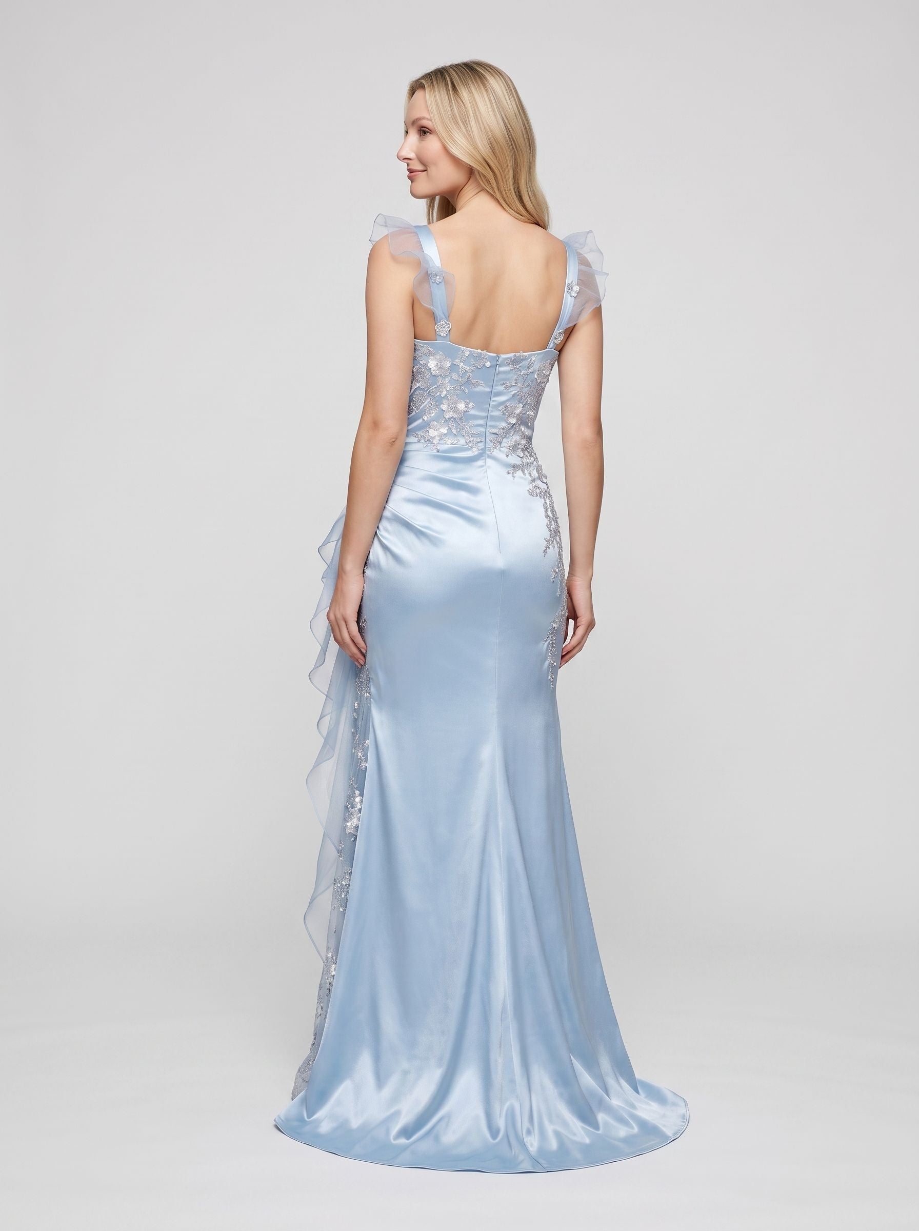 Sky Blue Satin with Lace and Tulle Mermaid Sweetheart Floor-Length Dress Back View - Jimiss