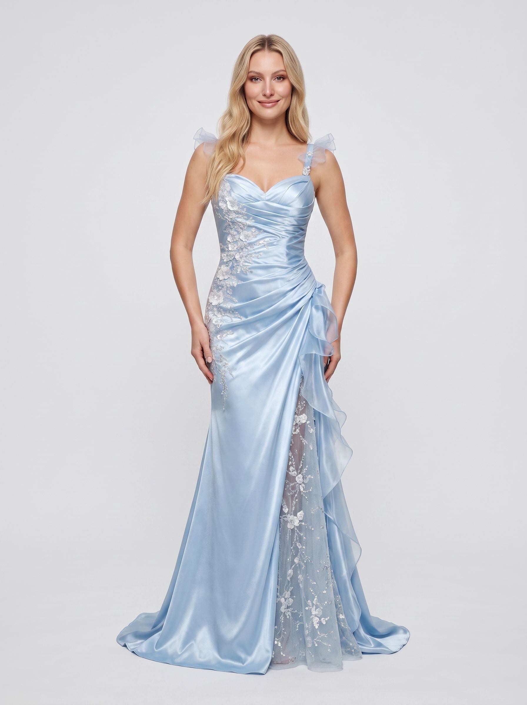 Sky Blue Satin with Lace and Tulle Mermaid Sweetheart Floor-Length Dress Front View - Jimiss