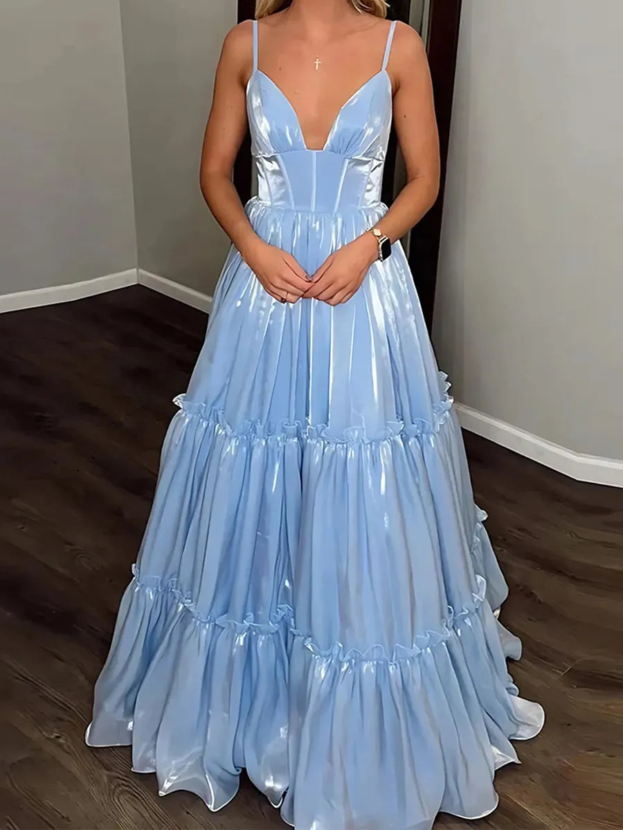 Sky Blue Shimmer Organza Tiered A-Line Plunging V-Neck Floor-Length Dress - Jimiss