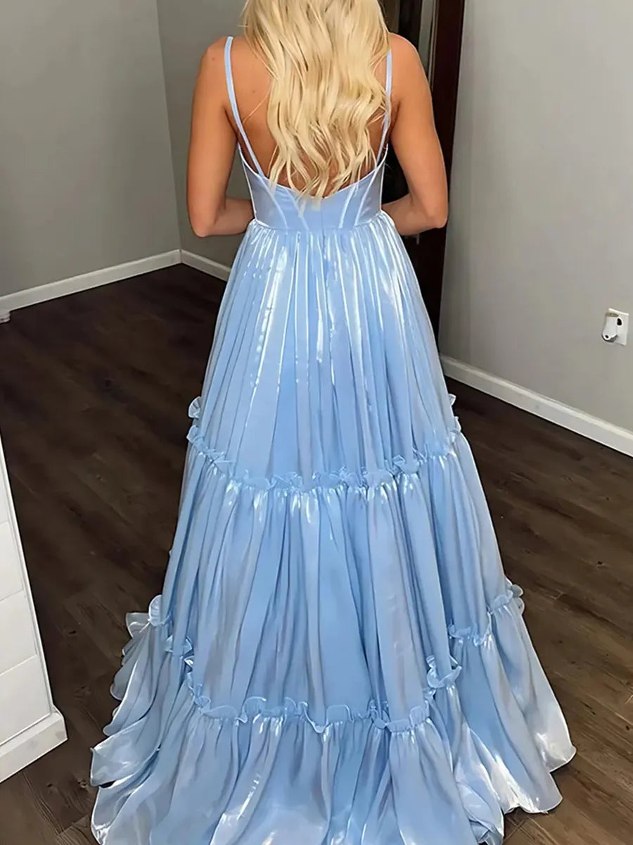 Sky Blue Shimmer Organza Tiered A-Line Plunging V-Neck Floor-Length Dress - Jimiss