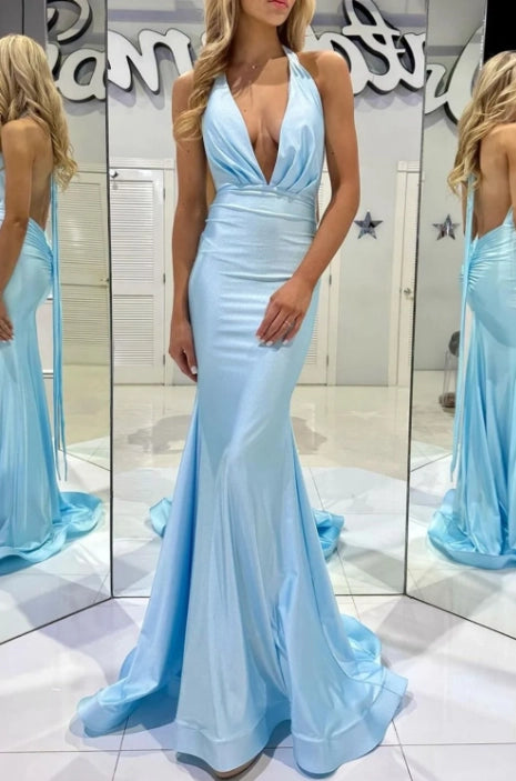 Sky Blue Stretch Satin Mermaid Plunging V-Neck Open Back Floor Length Dress - Jimiss