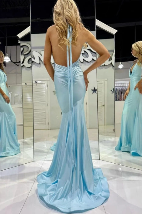 Sky Blue Stretch Satin Mermaid Plunging V-Neck Open Back Floor Length Dress - Jimiss