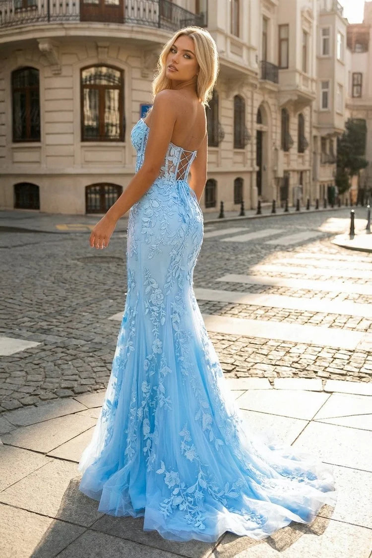 JiMiss Light Blue Strapless Corset Lace Mermaid Prom Gown – JiMiss Dresses