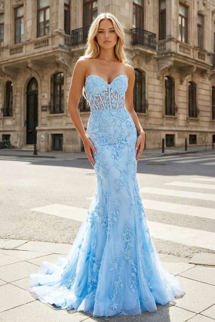 JiMiss Light Blue Strapless Corset Lace Mermaid Prom Gown – JiMiss Dresses