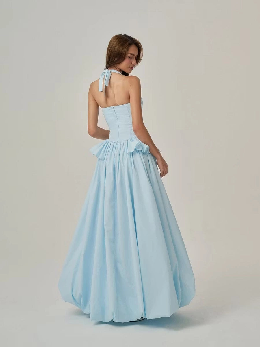 Sky Blue Taffeta A-Line Halter Tie-Back Floor-Length Dress Back View - Jimiss