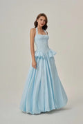 Sky Blue Taffeta A-Line Halter Tie-Back Floor-Length Dress Front View - Jimiss
