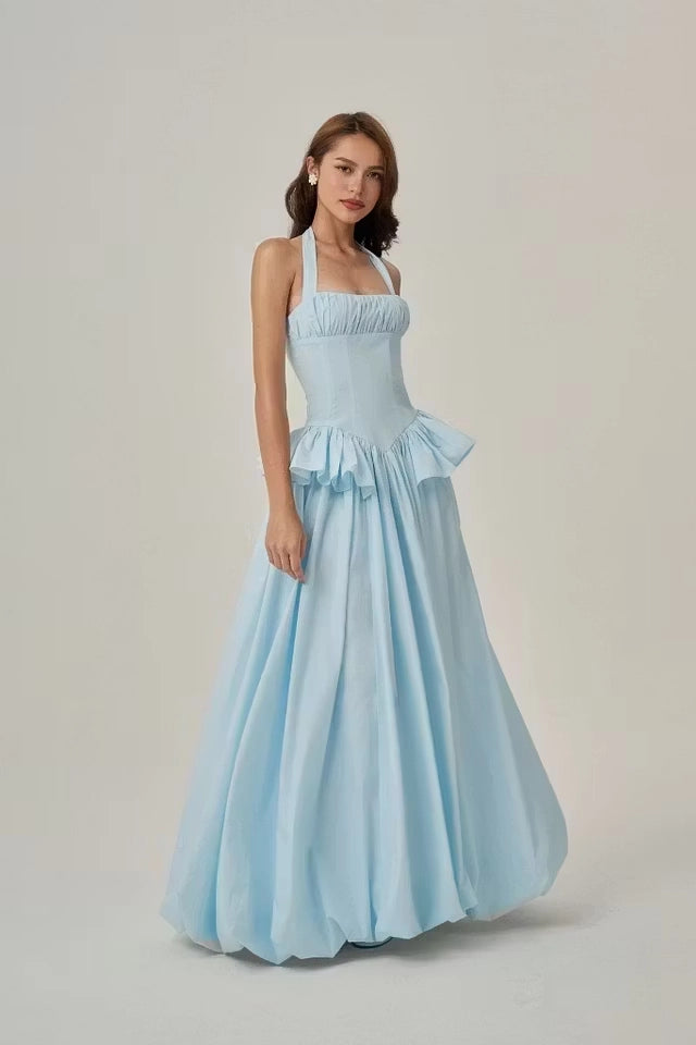 Sky Blue Taffeta A-Line Halter Tie-Back Floor-Length Dress Front View - Jimiss
