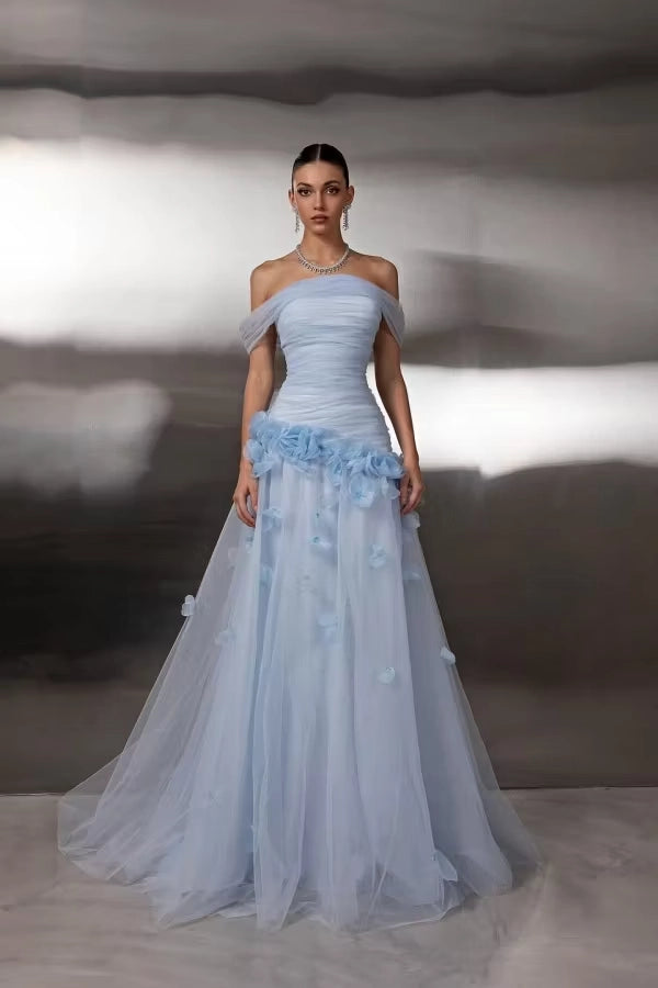 Sky Blue Tulle A Line Off The Shoulder Zipper Back Floor Length Dress - Jimiss