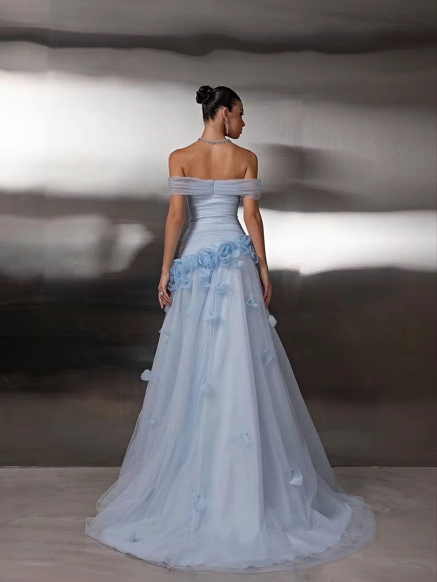 Sky Blue Tulle A Line Off The Shoulder Zipper Back Floor Length Dress - Jimiss