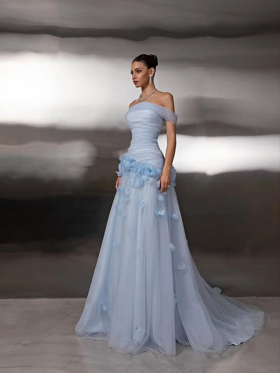 Sky Blue Tulle A Line Off The Shoulder Zipper Back Floor Length Dress - Jimiss