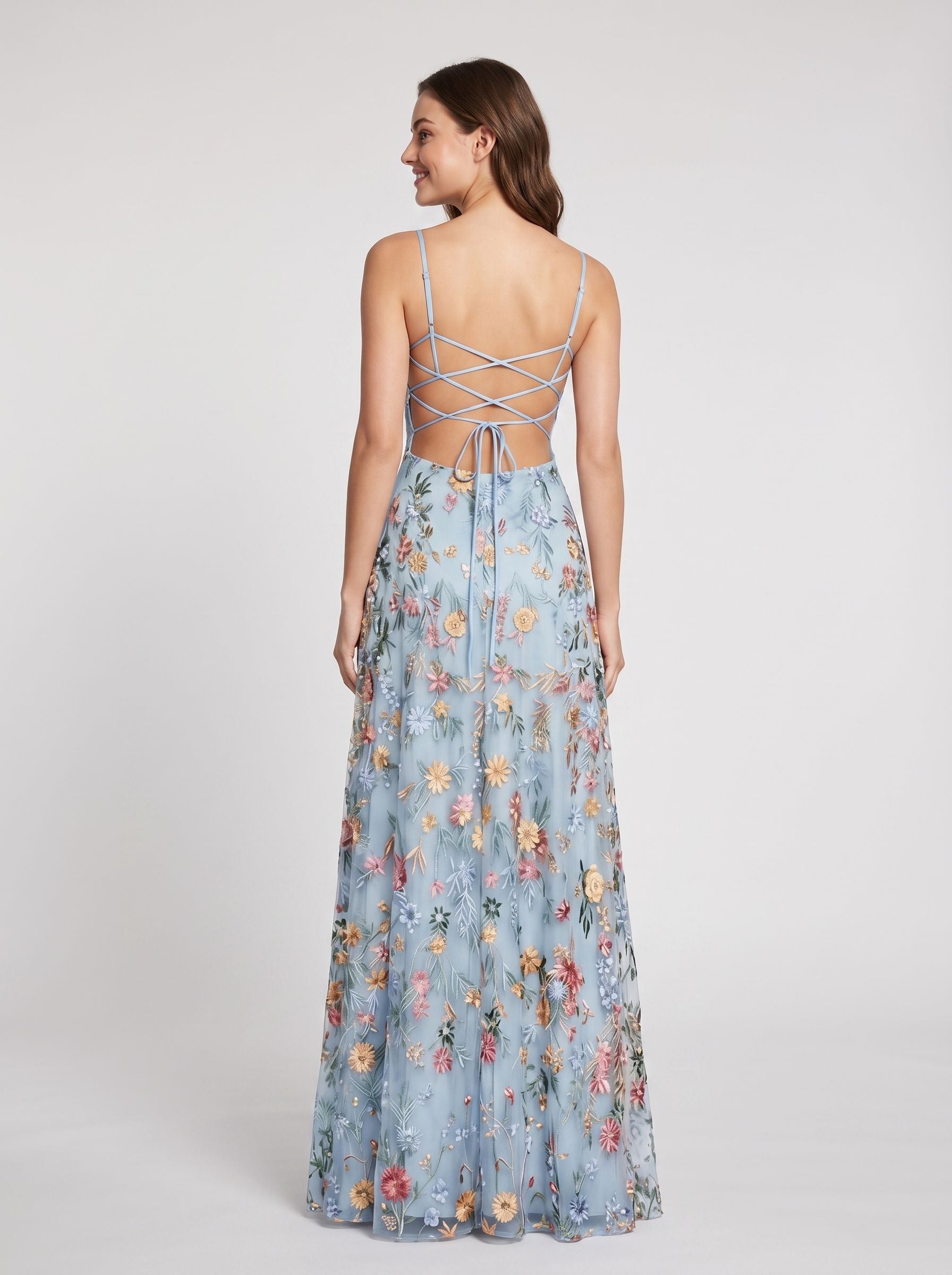 Sky Blue Tulle A-Line V-neck Lace-up Back Floor Length Dress Back View - Jimiss