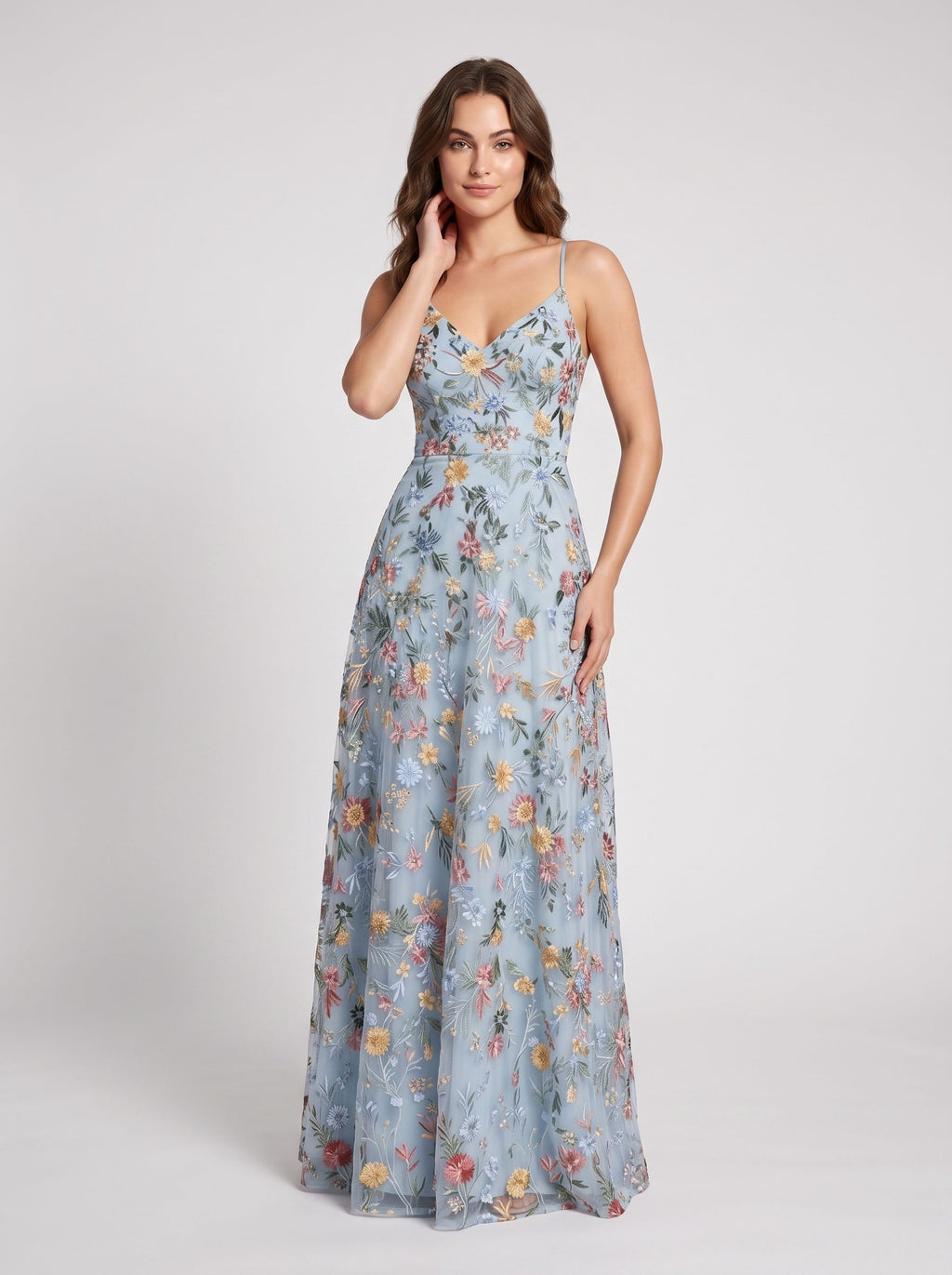 Sky Blue Tulle A-Line V-neck Lace-up Back Floor Length Dress Front View - Jimiss