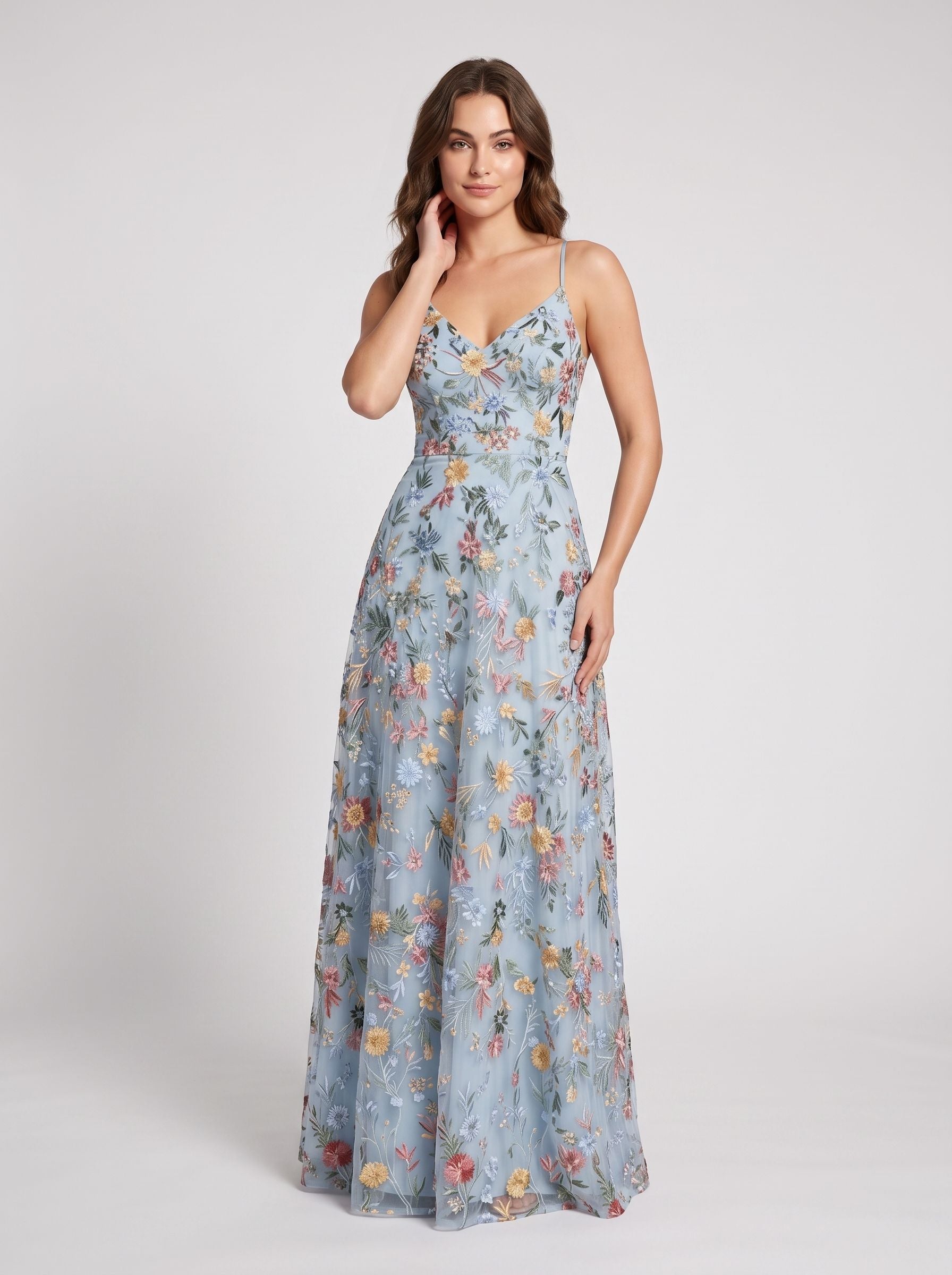Sky Blue Tulle A-Line V-neck Lace-up Back Floor Length Dress Front View - Jimiss