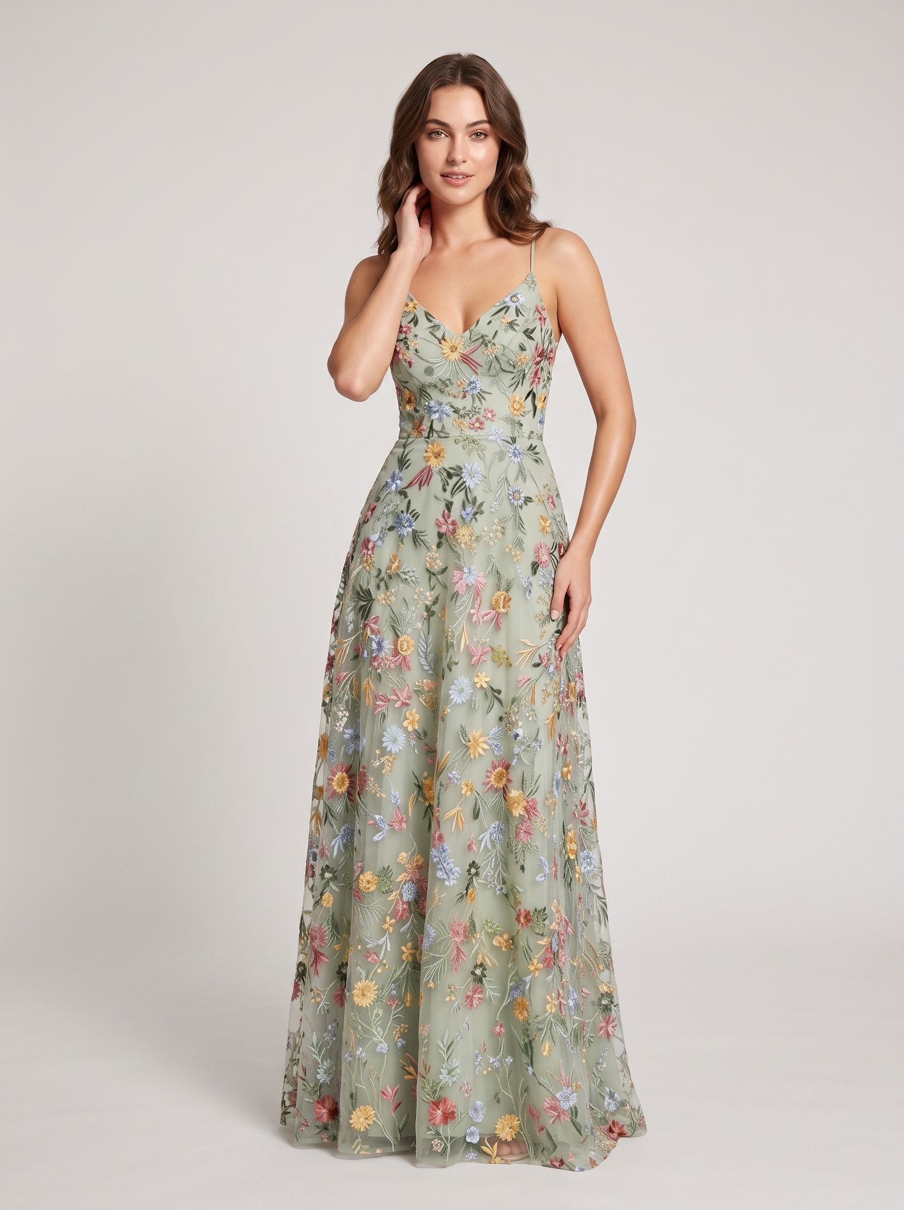 Sky Blue Tulle A-Line V-neck Lace-up Back Floor Length Dress - Jimiss