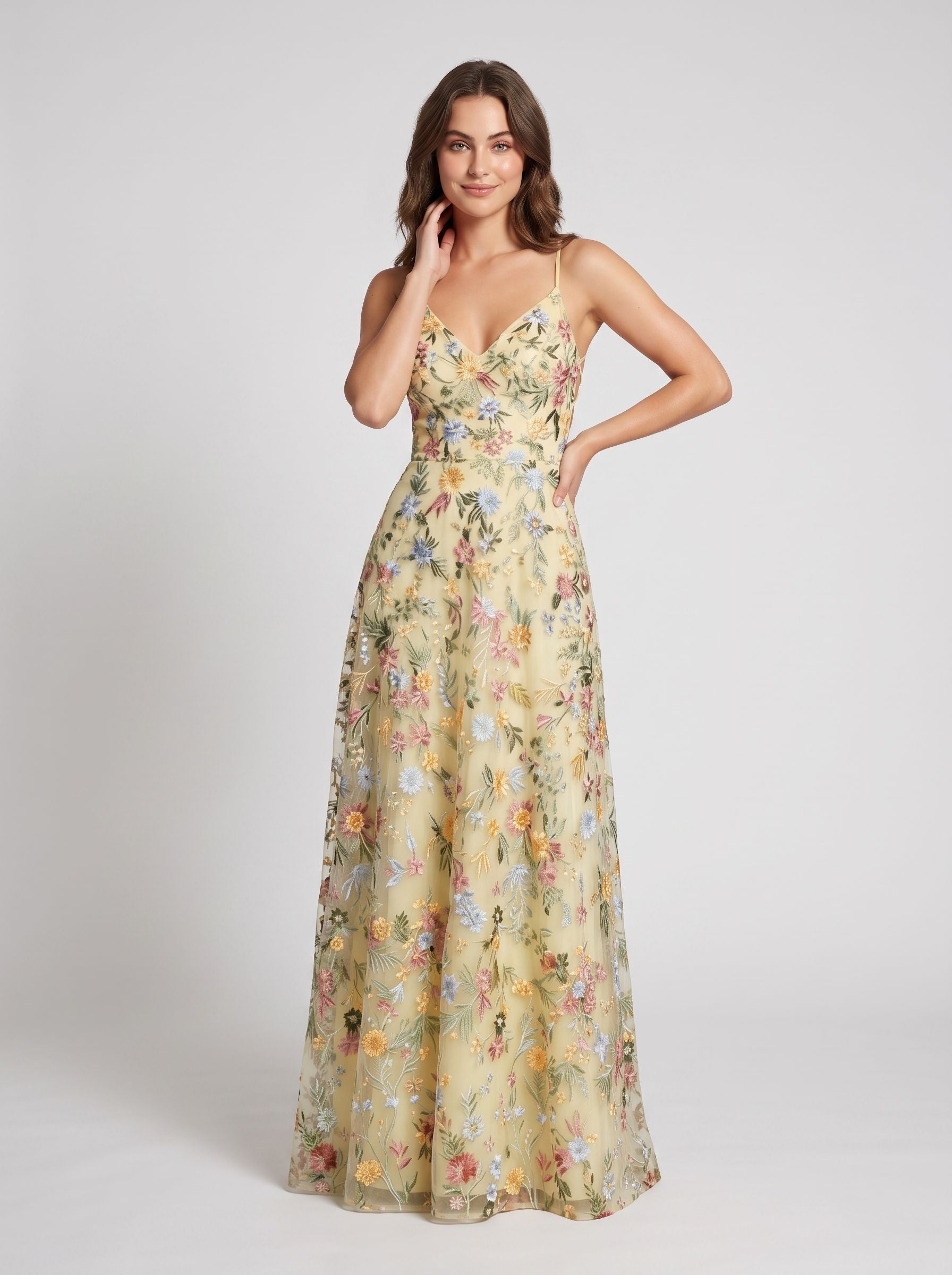 Sky Blue Tulle A-Line V-neck Lace-up Back Floor Length Dress - Jimiss