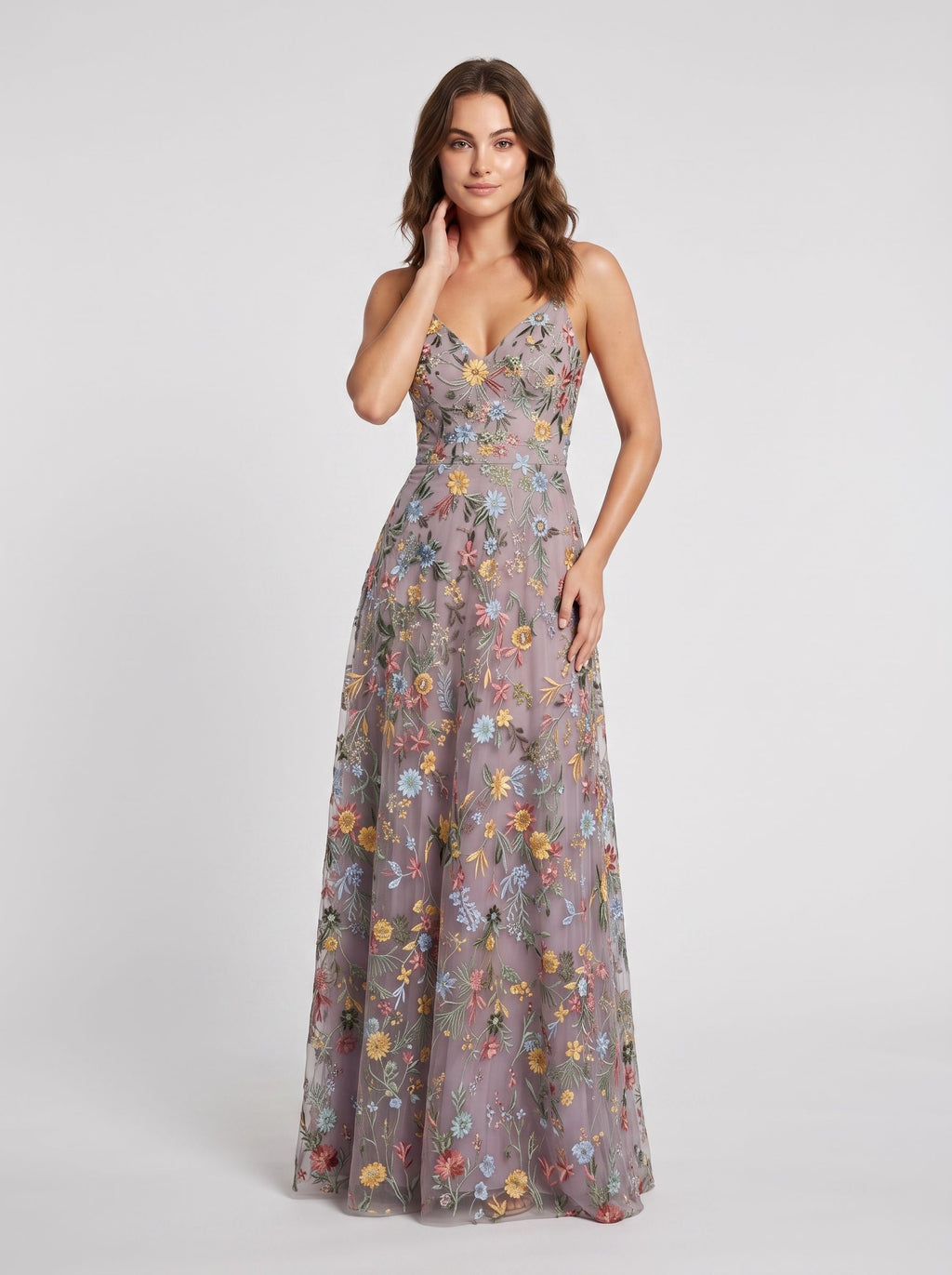 Sky Blue Tulle A-Line V-neck Lace-up Back Floor Length Dress - Jimiss