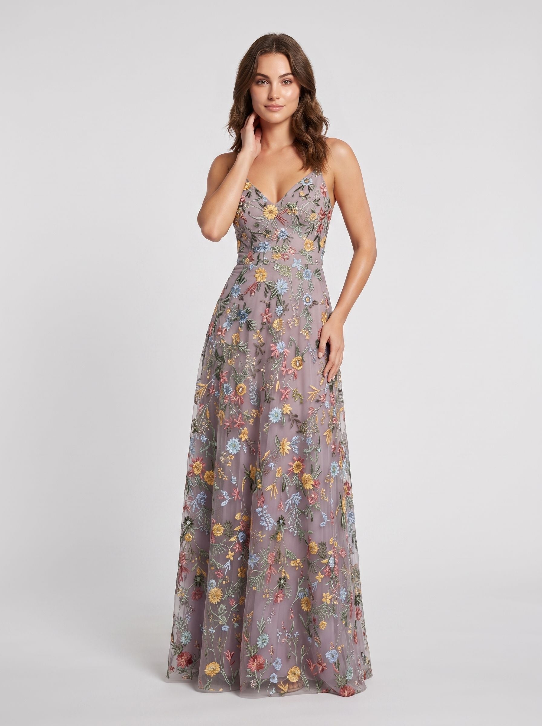 Sky Blue Tulle A-Line V-neck Lace-up Back Floor Length Dress - Jimiss
