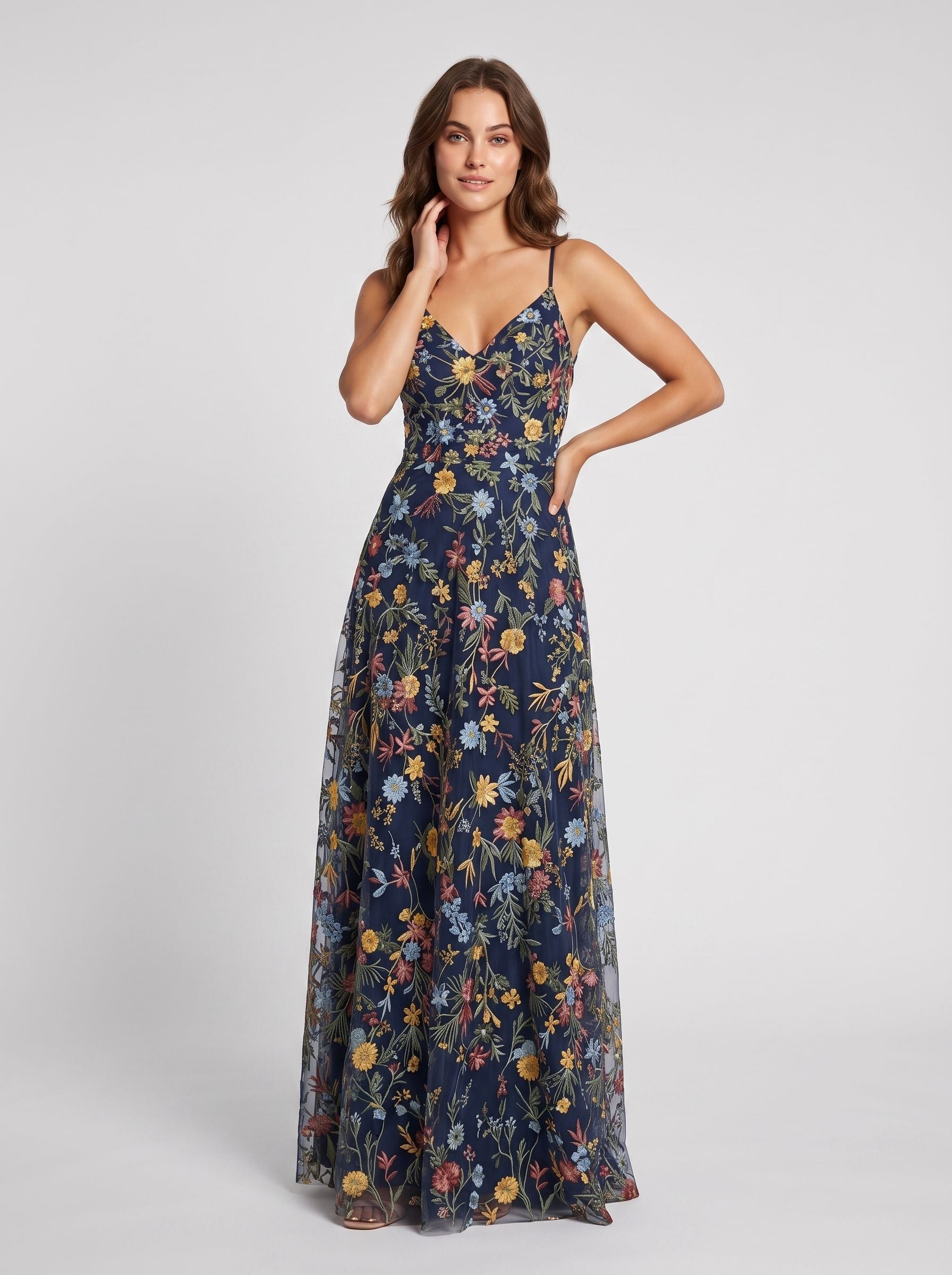 Sky Blue Tulle A-Line V-neck Lace-up Back Floor Length Dress - Jimiss