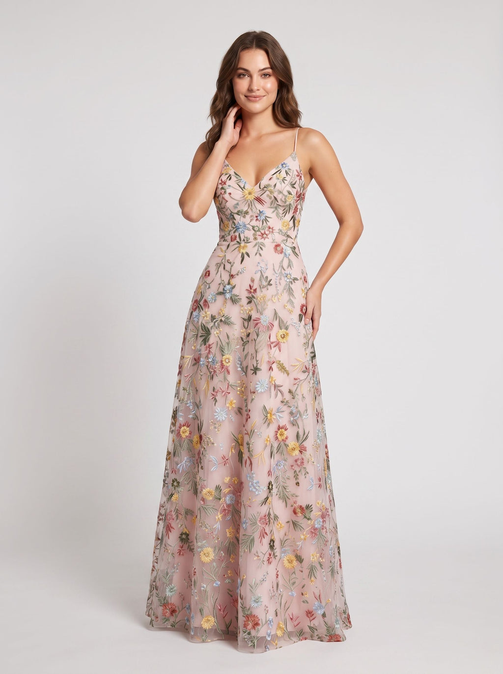 Sky Blue Tulle A-Line V-neck Lace-up Back Floor Length Dress - Jimiss