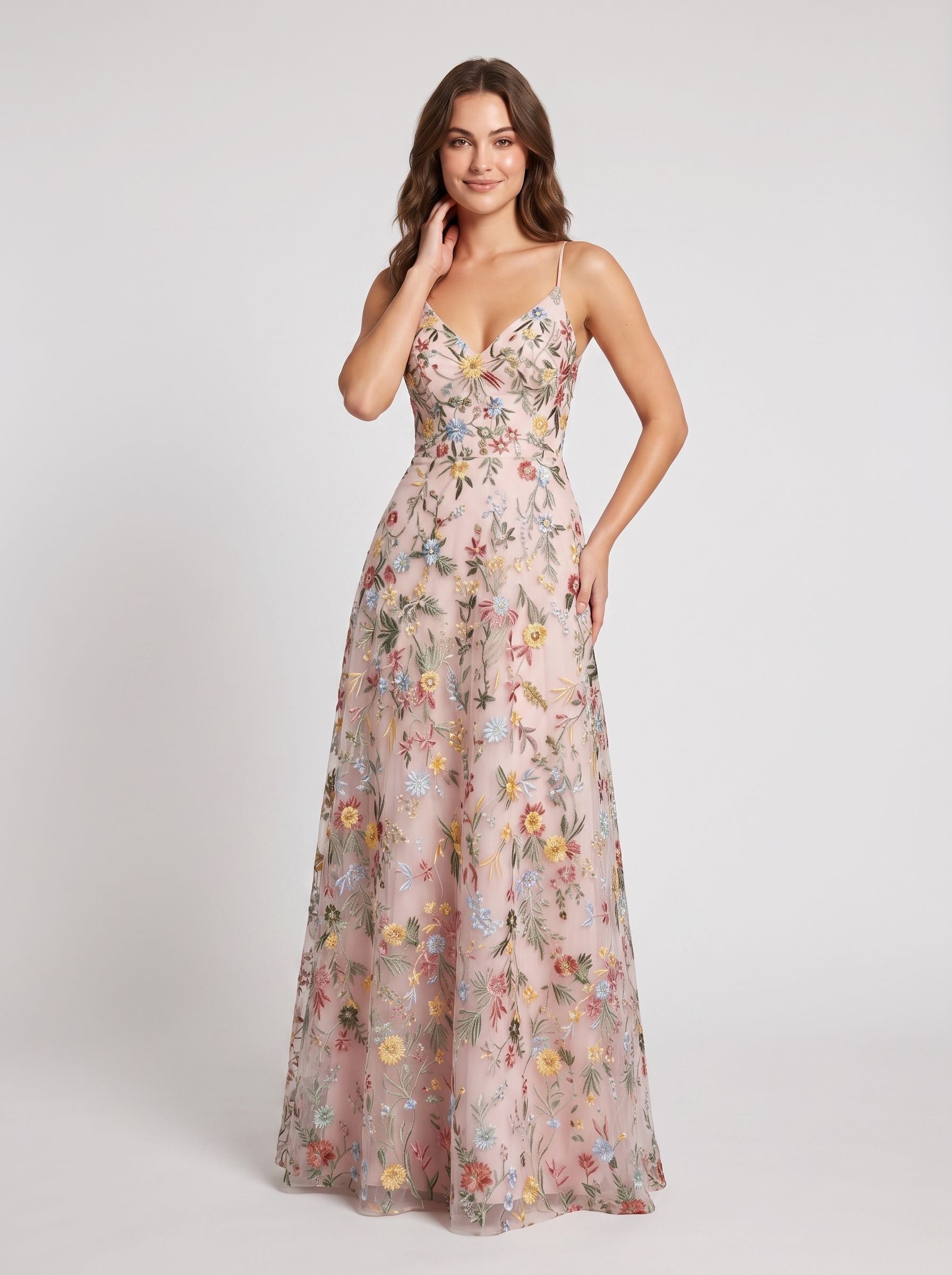 Sky Blue Tulle A-Line V-neck Lace-up Back Floor Length Dress - Jimiss